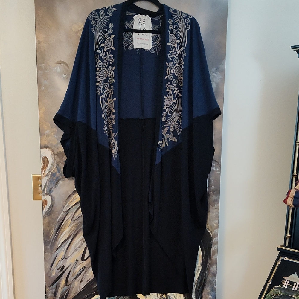Johnny Was Navy and Black Knit Embroidered  Cocoon Jacket